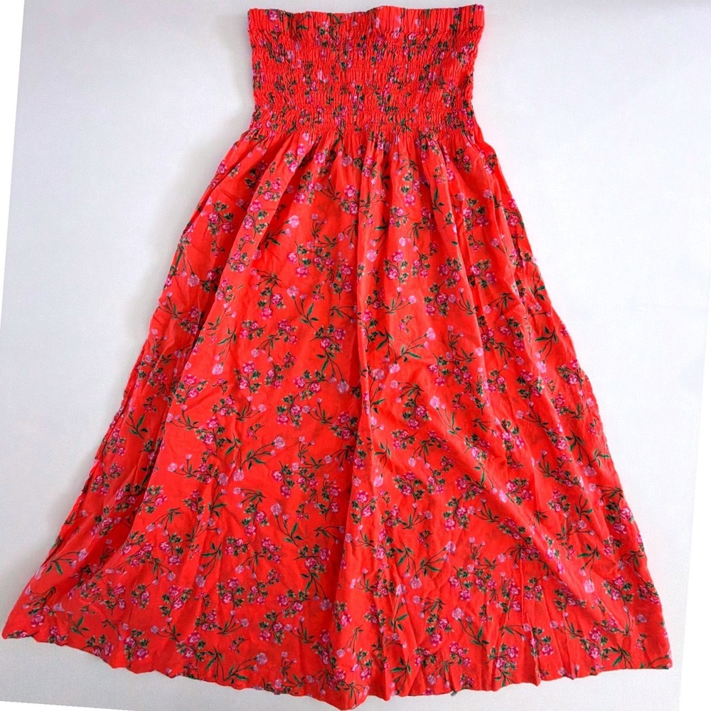 J.Crew Womens Red Floral Smocked Bodice Strapless Midi Dress XS